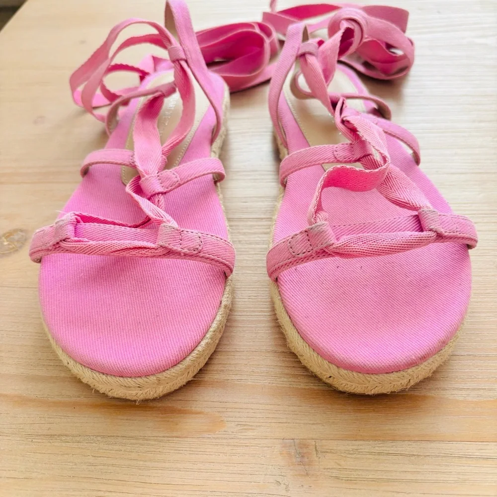 Stuart Weitzman 32MM Espadrille‎ Platform Sandals Pink Tan Chic Tie Up